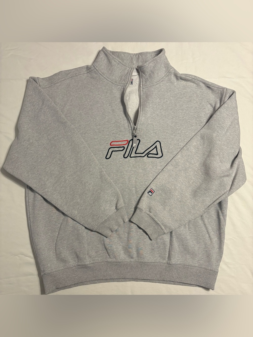 Vintage Fila Spell Out 1/4 Zip Pullover Sweatshirt-Gray Marl-Men’s XL Oversized